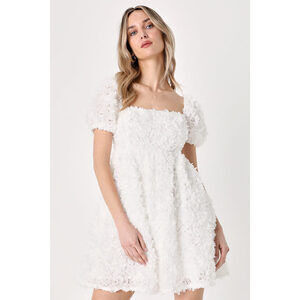 Lulus Precious Passion White Floral Puff Sleeve Babydoll Dress